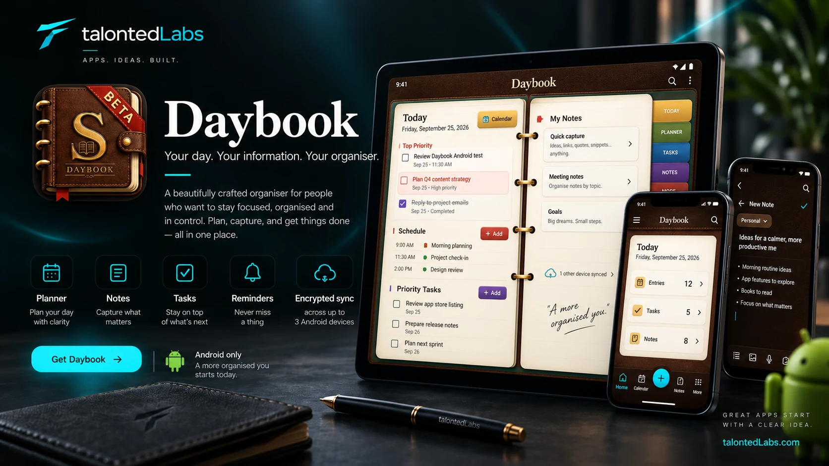 Daybook shown across tablet and phone devices with planner, notes, tasks and reminders in a leather organiser inspired interface